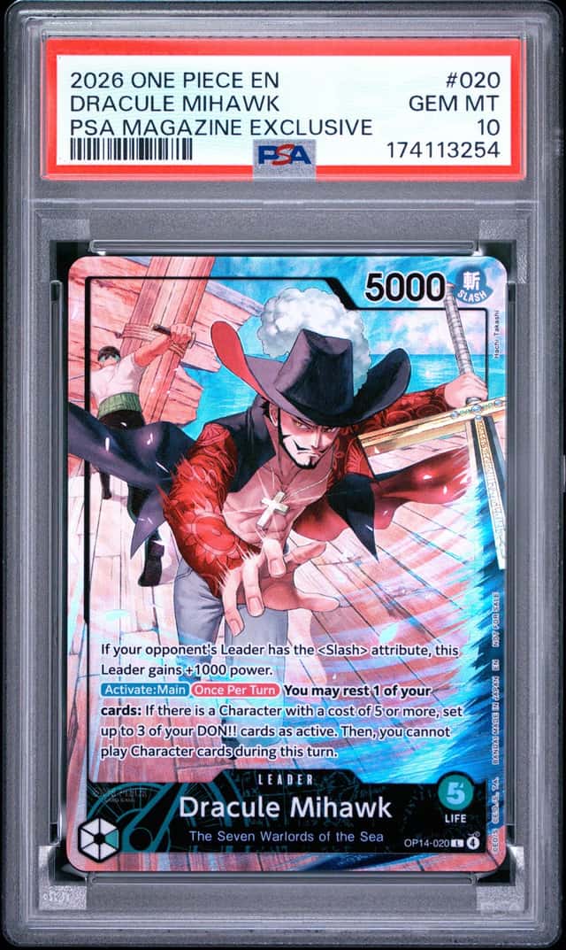 Dracule Mihawk (2026 PSA Magazine Promo) OP14-020 One Piece Promo PSA 10 LOW POP