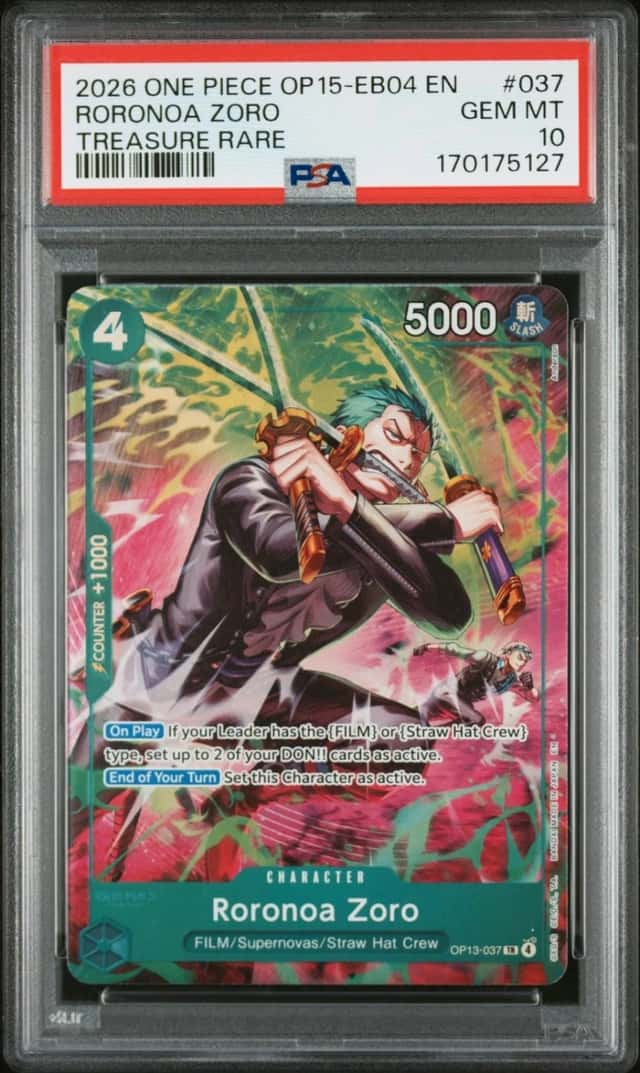 2026 ONE PIECE ADVENTURE ON KAMI'S ISLAND TREASURE RARE #037 RORONOA ZORO PSA 10