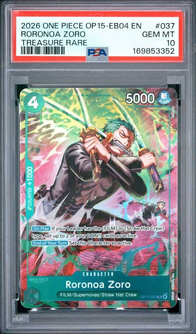 2026 ONE PIECE OP15-EB04-ADVENTURE ON KAMI'S ISLAND #037 RORONOA ZORO PSA 10