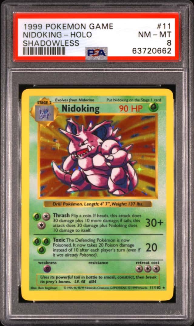 1999 POKEMON BASE SET SHADOWLESS #11 NIDOKING-HOLO PSA 8