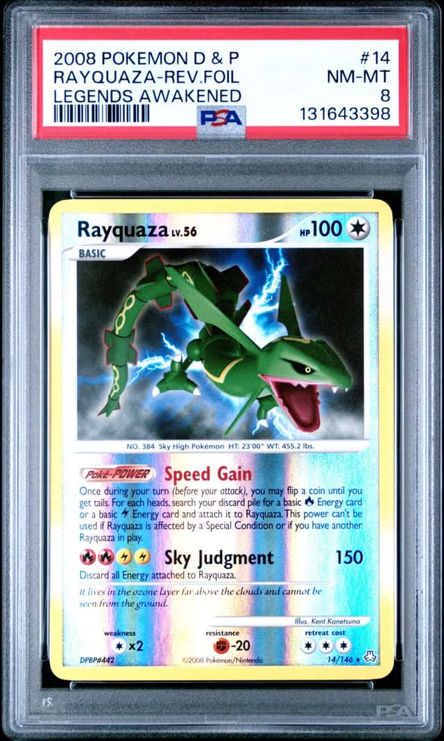 2008 POKEMON DIAMOND & PEARL LEGENDS AWAKENED #14 RAYQUAZA-REVERSE FOIL PSA 8