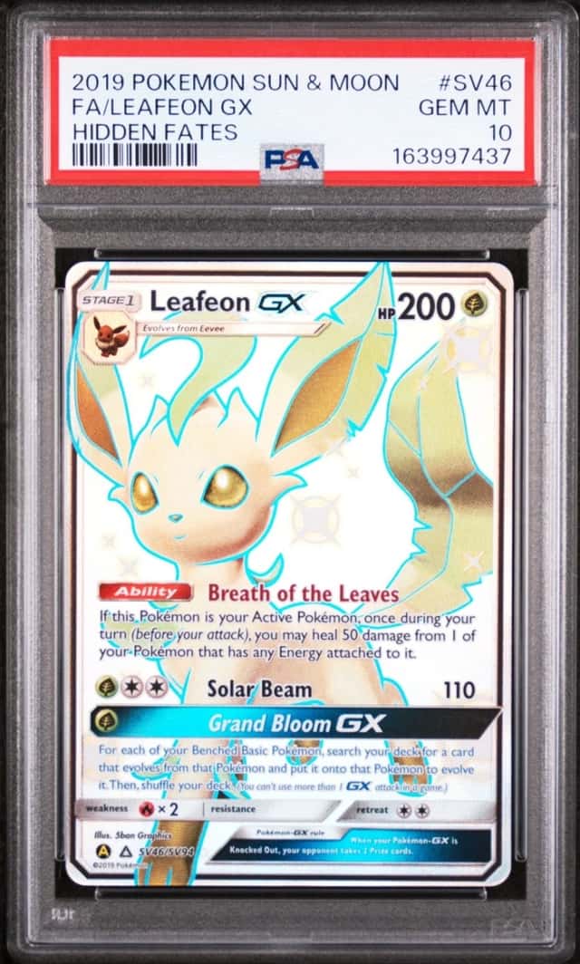 2019 POKEMON SUN & MOON HIDDEN FATES #SV46 FULL ART/LEAFEON GX PSA 10