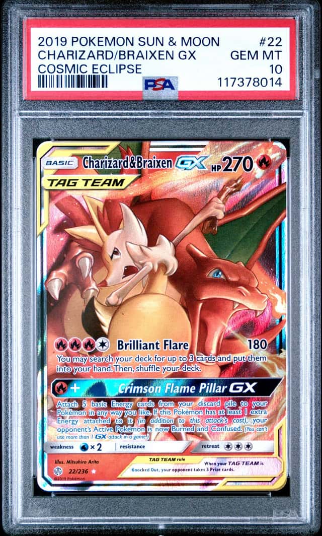 2019 POKEMON SUN & MOON COSMIC ECLIPSE #22 CHARIZARD/BRAIXEN GX PSA 10