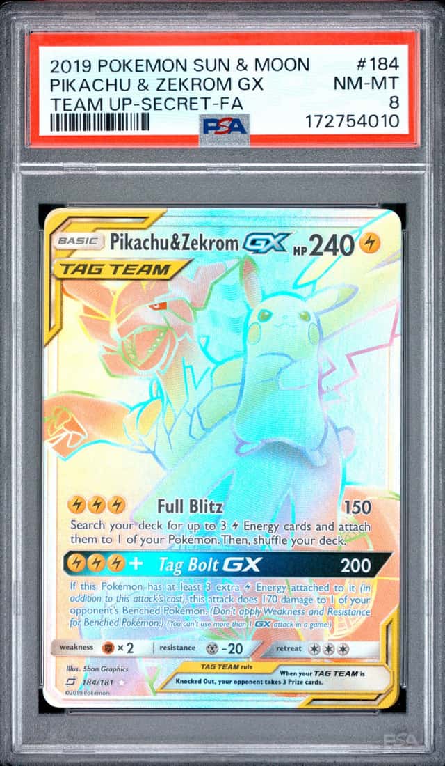 2019 POKEMON SUN & MOON TEAM UP SECRET #184 FULL ART/PIKACHU & ZEKROM GX PSA 8