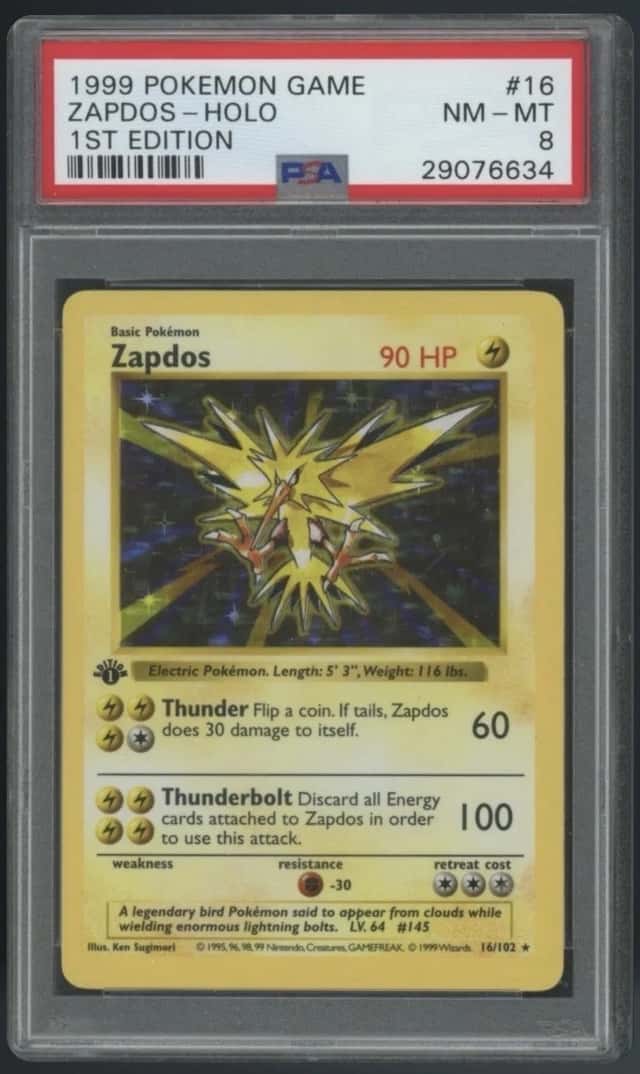 1999 POKEMON GAME 1ST EDITION #16 ZAPDOS-HOLO PSA 8