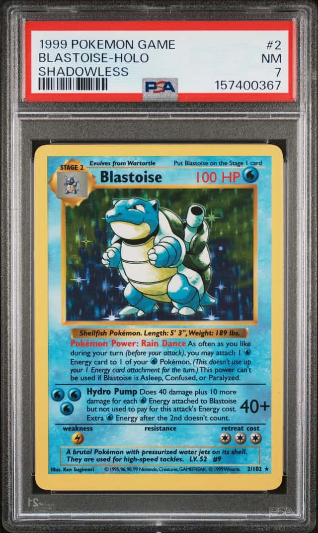1999 POKEMON BASE SET SHADOWLESS #2 BLASTOISE-HOLO PSA 7