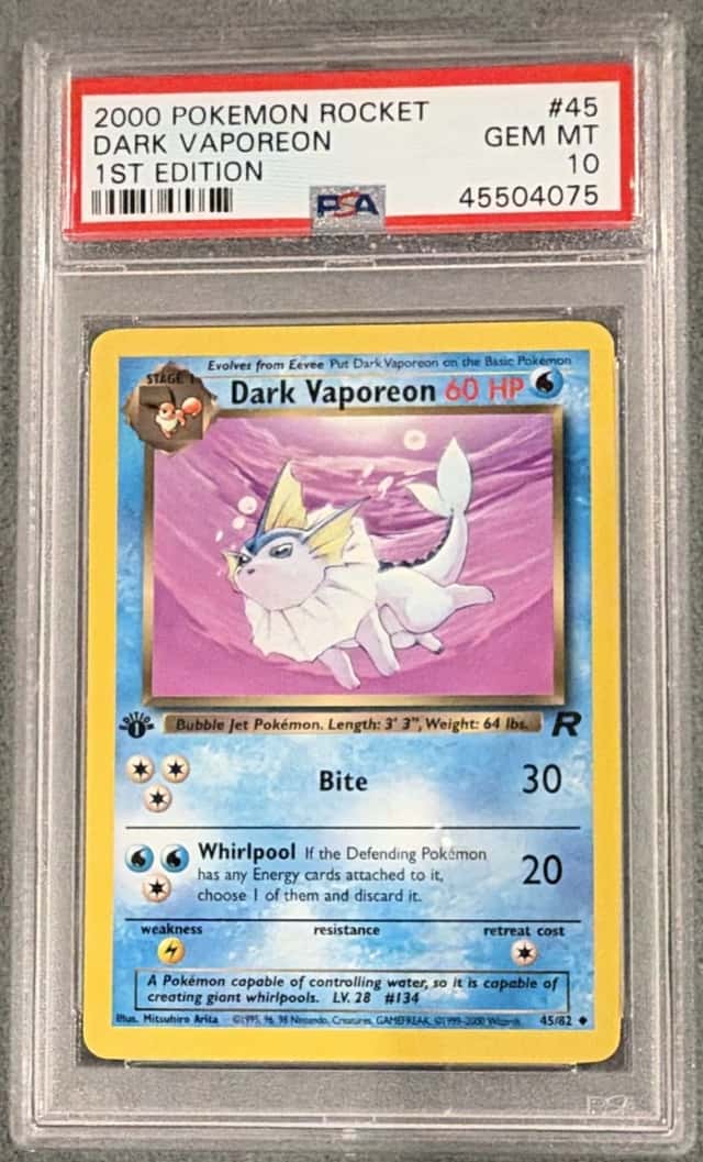 Dark Vaporeon 45/82 Team Rocket 1st Edition 2000 Pokémon TCG PSA 10