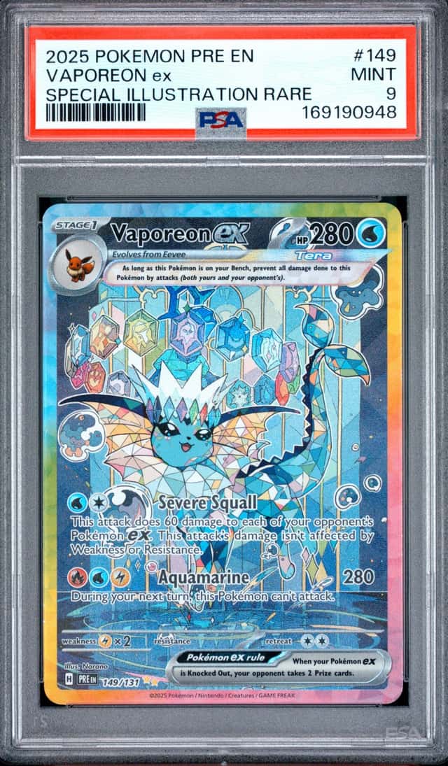 2025 POKEMON PRISMATIC EVOLUTIONS SPECIAL ILLUSTRATION RARE VAPOREON EX PSA 9
