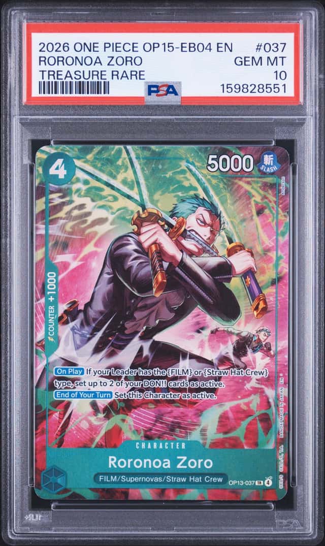 2026 One Piece CCG Roronoa Zoro OP15-EB04 #037 Treasure Rare Holo EN- PSA 10