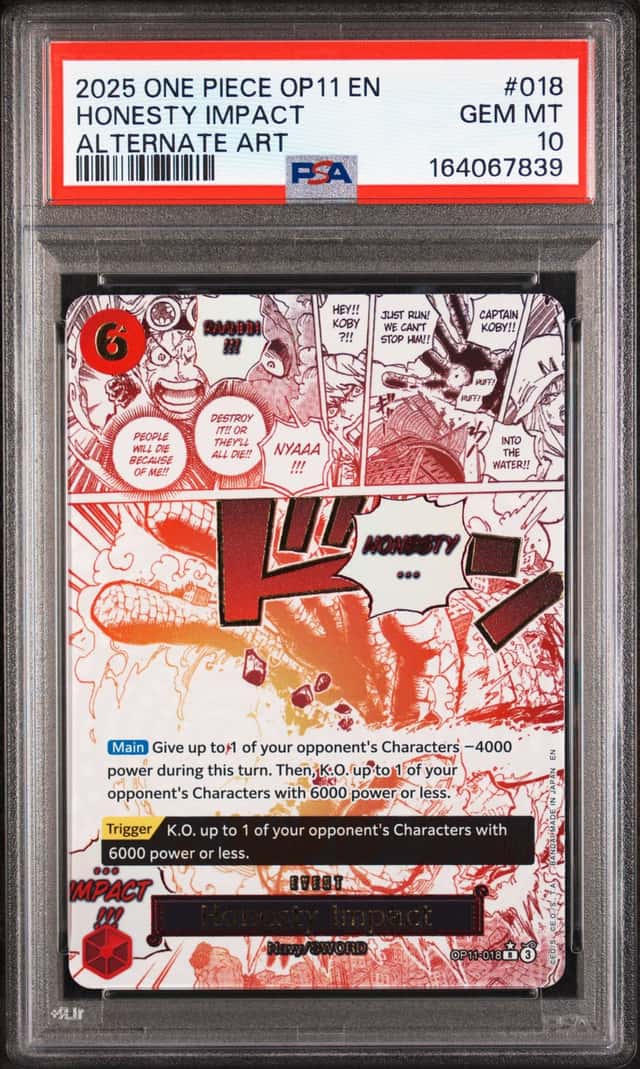One Piece 2025 Honesty Impact OP11-018 Alt Art A Fist of Divine Speed PSA 10