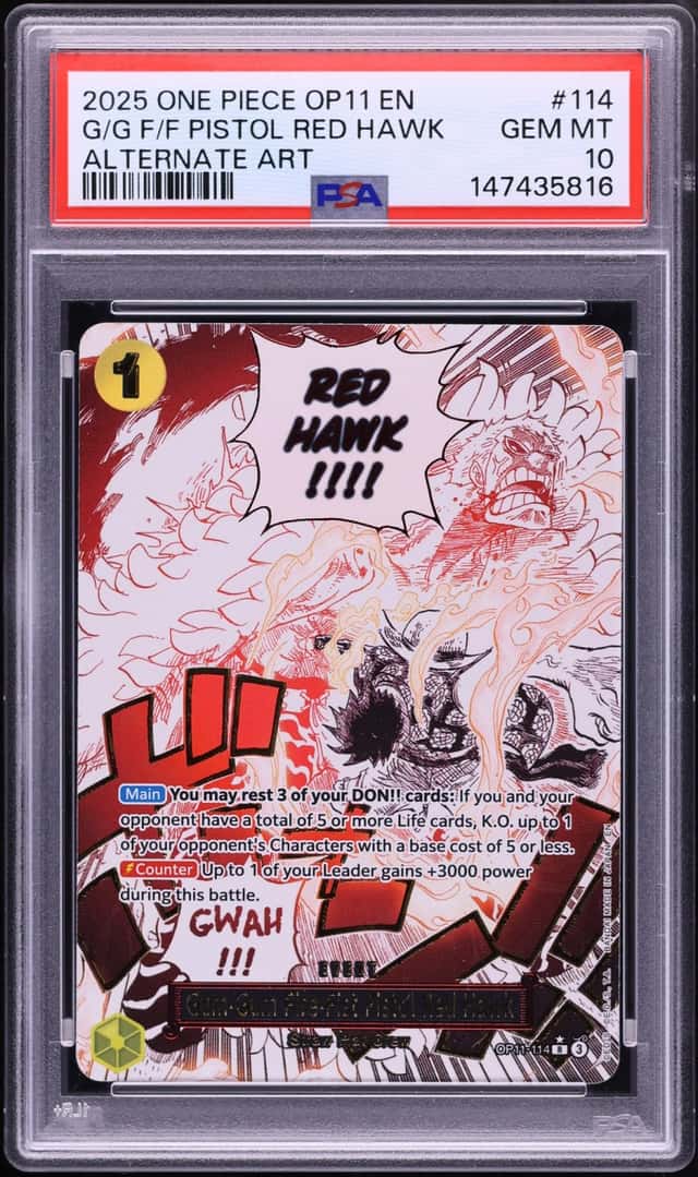 2025 One Piece Divine Speed Manga Alt Art Gum-Gum Fire-Fist Pistol Red Hawk #OP11-114 PSA 10