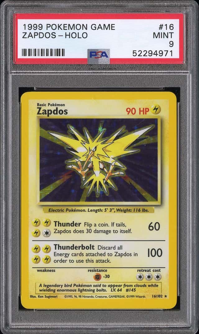 Pokemon Base Set Zapdos Holo #16 1999 PSA 9 MINT - Cert 52294971