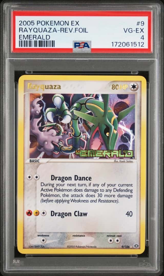 2005 POKEMON EX EMERALD #9 RAYQUAZA-REVERSE FOIL PSA 4