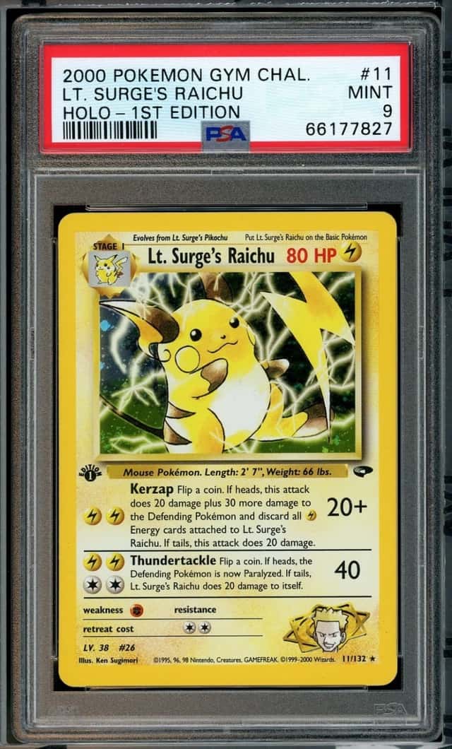 2000 POKEMON LT. SURGE'S RAICHU HOLO-1ST EDITION GYM CHALLENGE #11 PSA 9