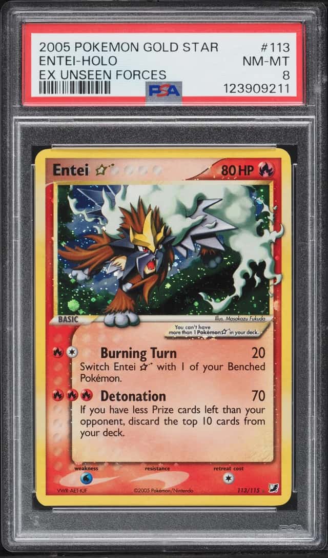 2005 Pokemon EX Unseen Forces Holo Entei Gold Star #113 PSA 8 NM-MT