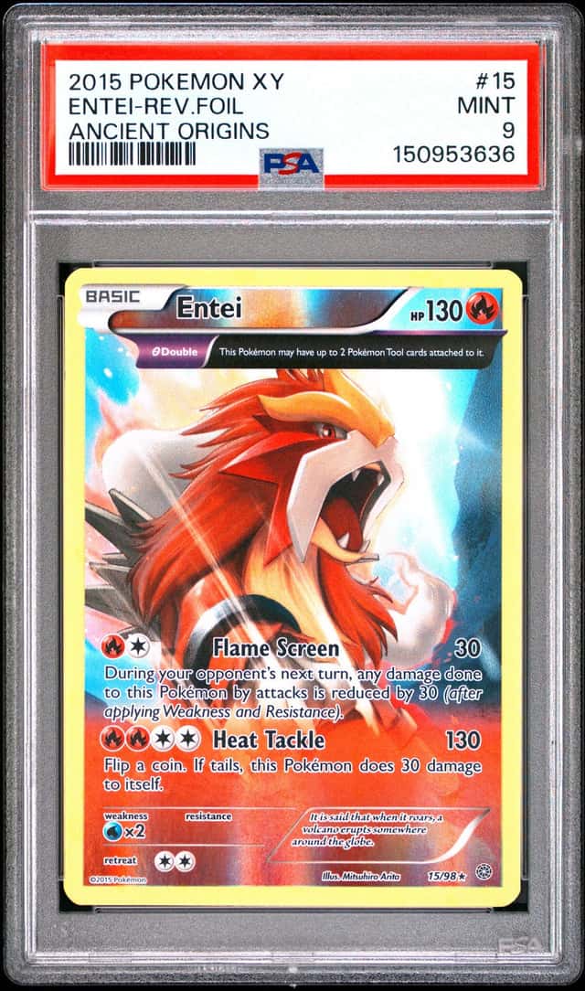 2015 POKEMON XY ANCIENT ORIGINS #15 ENTEI-REVERSE FOIL PSA 9