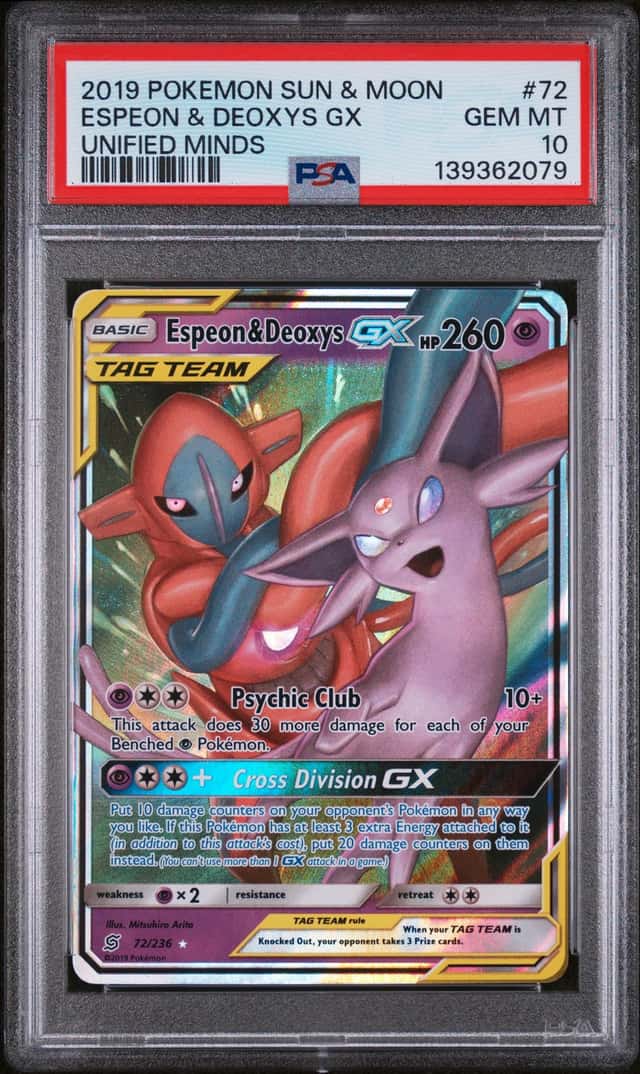 2019 POKEMON SUN & MOON UNIFIED MINDS #72 ESPEON & DEOXYS GX PSA 10 GEM MINT