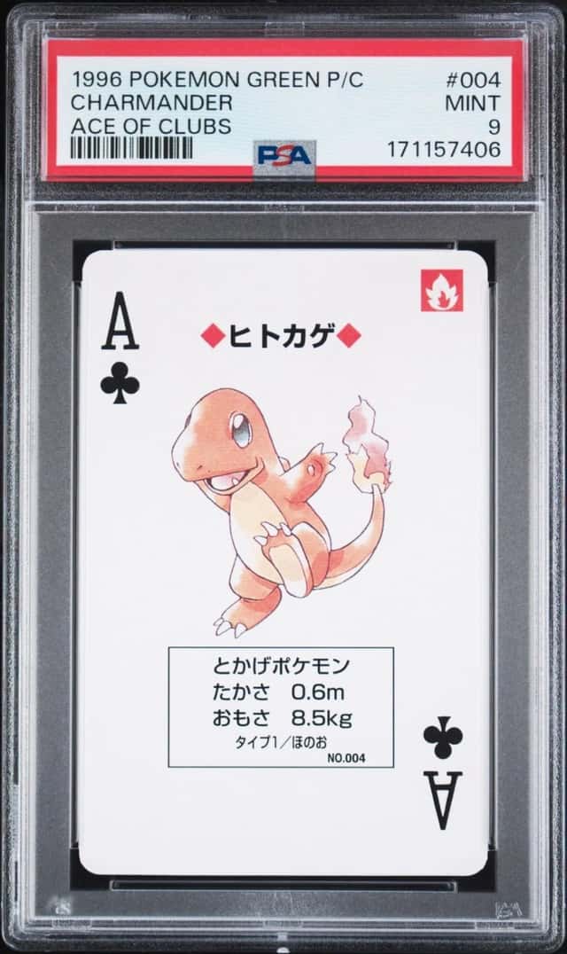 1996 POKEMON GREEN VERSION PLAYING CARDS ACE OF CLUBS #004 CHARMANDER PSA 9