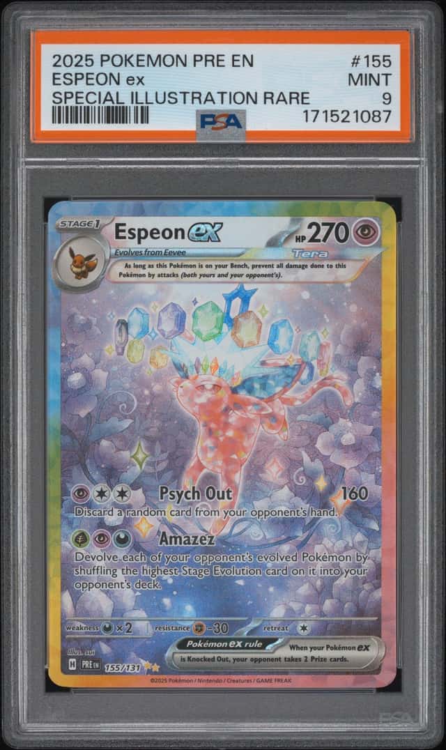 2025 POKEMON PRISMATIC EVOLUTIONS SPECIAL ILLUSTRATION RARE #155 ESPEON EX PSA 9