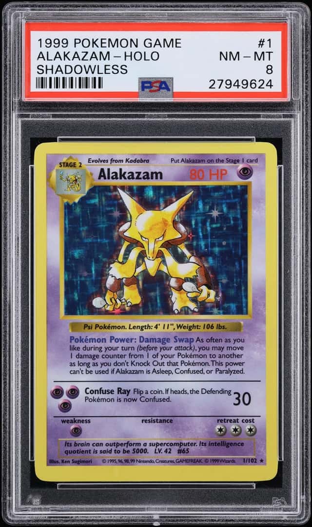 1999 Pokemon Base Set Shadowless Holo Alakazam #1 PSA 8 NM-MT