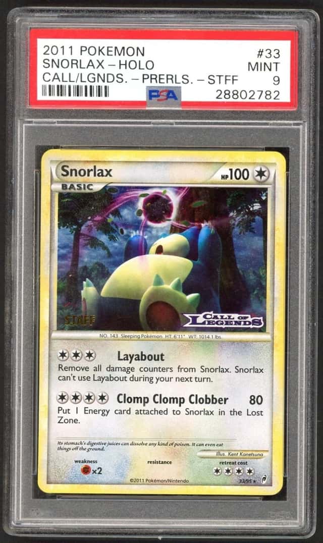 Pokemon Card PSA 9 Snorlax 33/95 PreRelease STAFF Call of Legends Holo