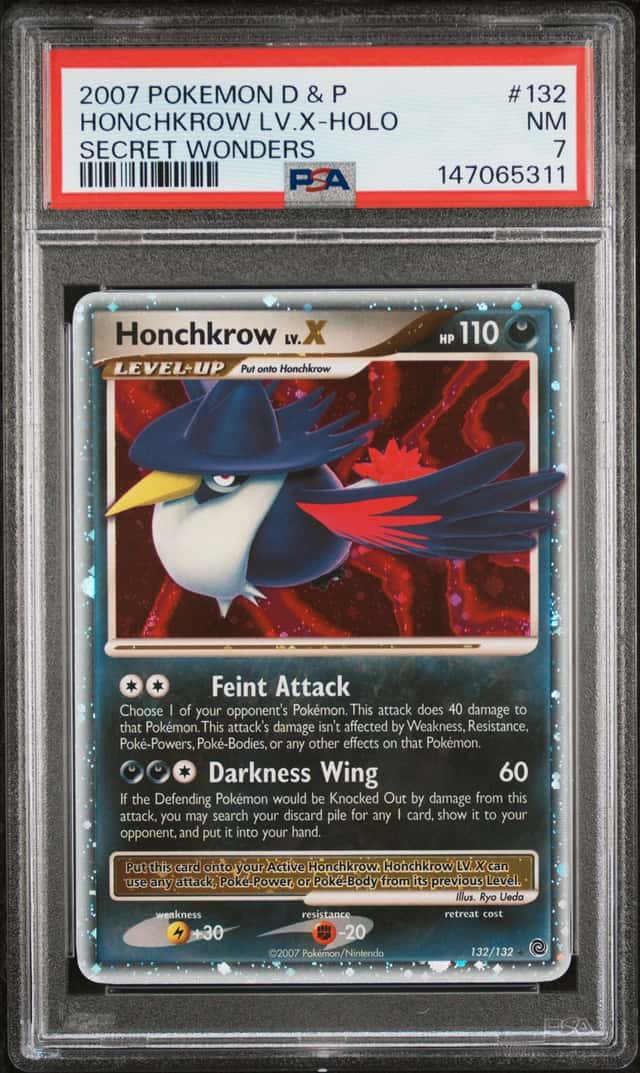 2007 POKEMON DIAMOND & PEARL SECRET WONDERS #132 HONCHKROW LV. X-HOLO PSA 7