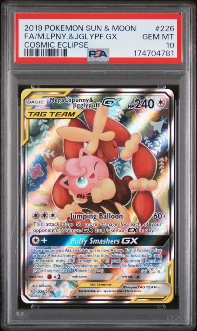 2019 POKEMON SUN & MOON COSMIC ECLIPSE FA/MEGA LOPUNNY & JIGGLYPUFF GX PSA 10