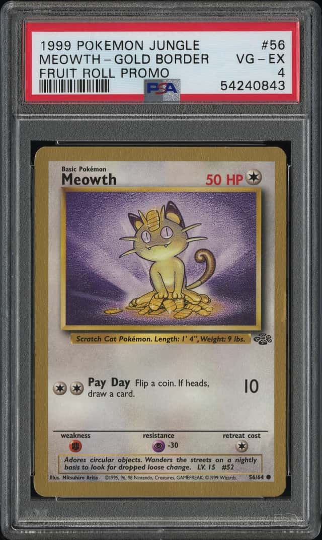 1999 Pokémon Jungle #56 Meowth Gold Border Fruit Roll Promo Psa 4