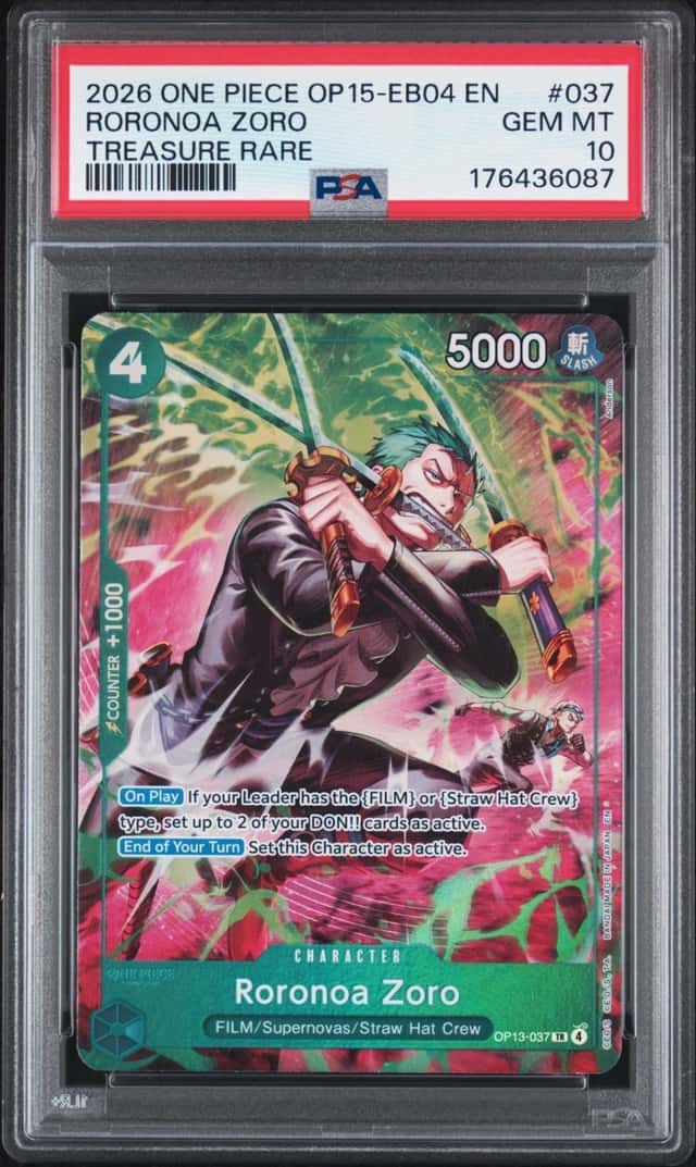 2026 ONE PIECE ADVENTURE ON KAMI'S ISLAND TREASURE RARE #037 RORONOA ZORO PSA 10
