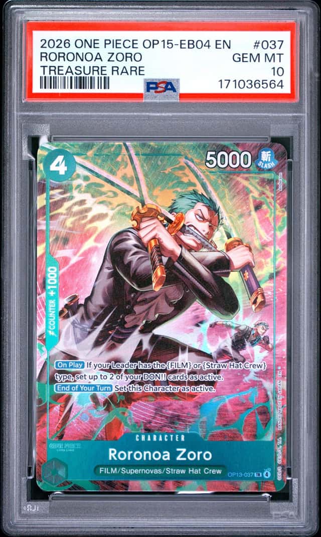 2026 ONE PIECE ADVENTURE ON KAMI'S ISLAND TREASURE RARE #037 RORONOA ZORO PSA 10