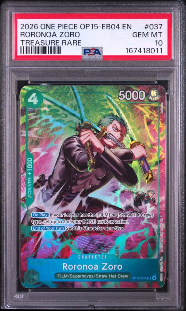 2026 ONE PIECE ADVENTURE ON KAMI'S ISLAND TREASURE RARE #037 RORONOA ZORO PSA 10