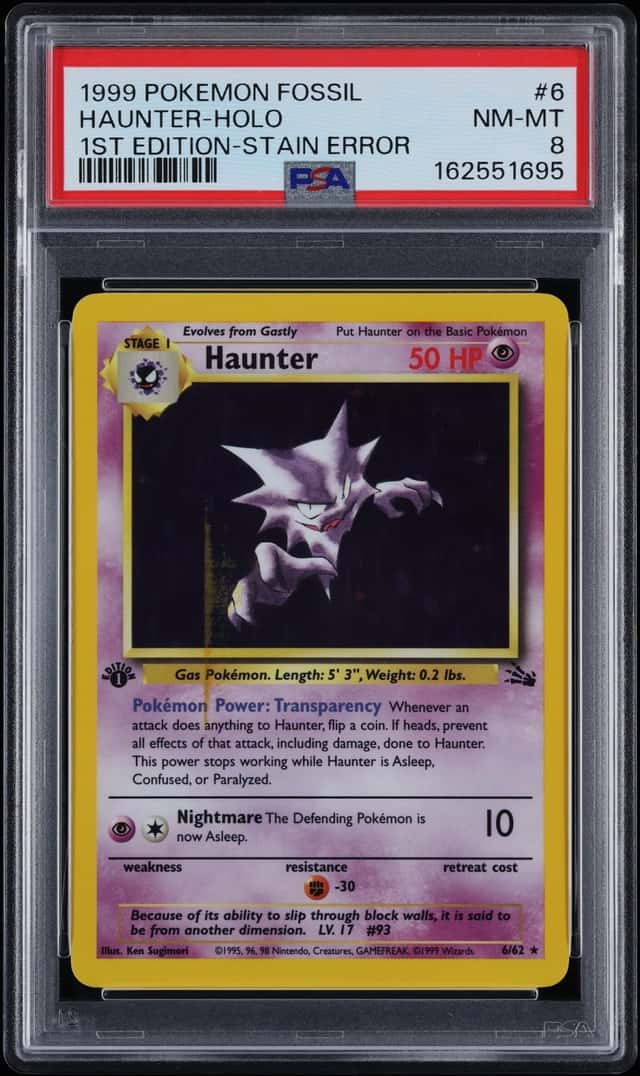 1999 Pokemon Fossil 1st Edition Stain Error Holo Haunter #6 PSA 8 NM-MT