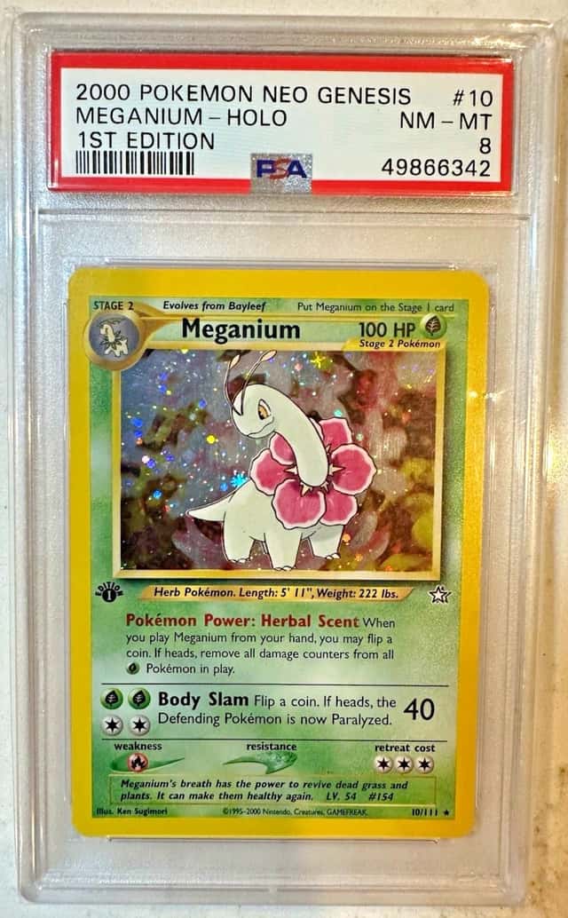 🌿 2000 Pokémon Neo Genesis Meganium – 1st Edition Holo – PSA 8 NM-MT