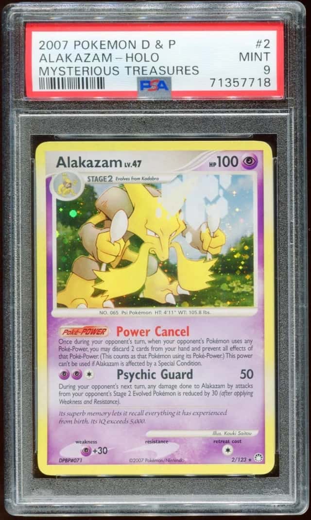 2007 POKEMON D & P MYSTERIOUS TREASURES ALAKAZAM LV. 47 #2/123 HOLO PSA 9 E11