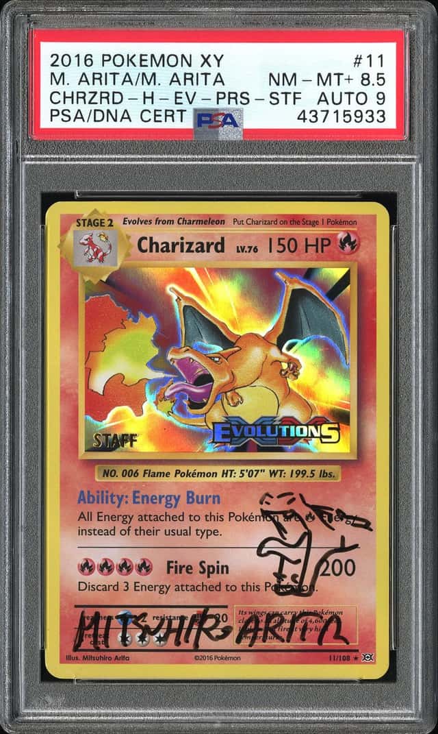 2016 Pokemon XY Evolutions Prerelease Staff Holo Charizard Arita AUTO DNA 9 #11 PSA 8.5 NM-MT+