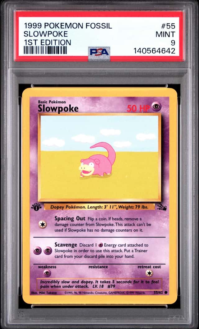 1999 POKEMON FOSSIL #55/62 SLOWPOKE COMMON 1ST EDITION PSA 9
