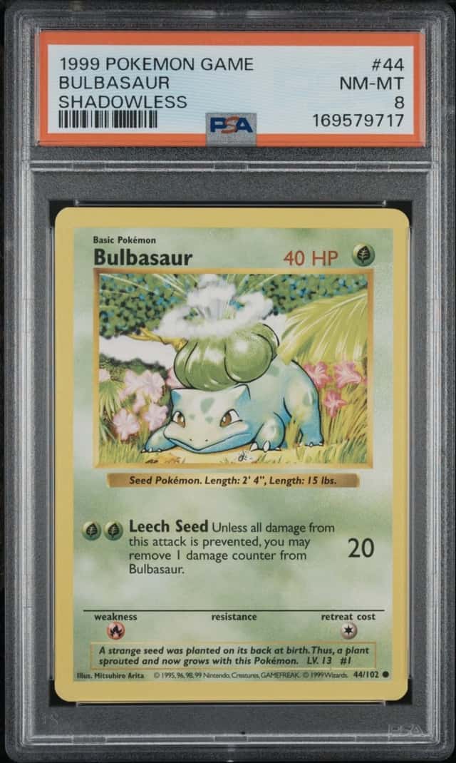 1999 POKEMON BASE SET SHADOWLESS #44 BULBASAUR PSA 8