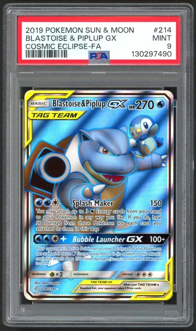 Pokemon Card PSA 9 Blastoise & Piplup GX 214/236 Sm-Cosmic Eclipse Holo