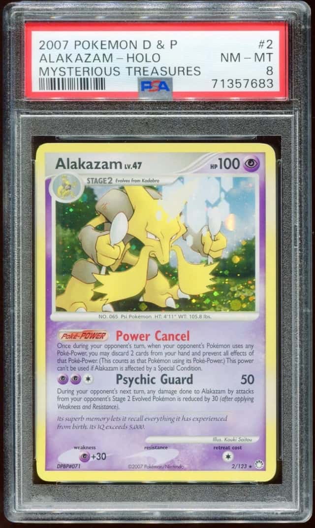 2007 POKEMON D & P MYSTERIOUS TREASURES ALAKAZAM LV. 47 #2/123 HOLO PSA 8 E11