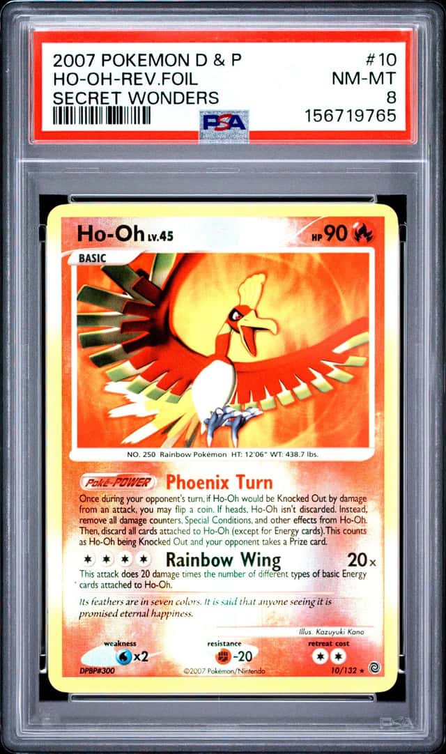 2007 POKEMON DIAMOND & PEARL SECRET WONDERS #10 HO-OH-REVERSE FOIL PSA 8