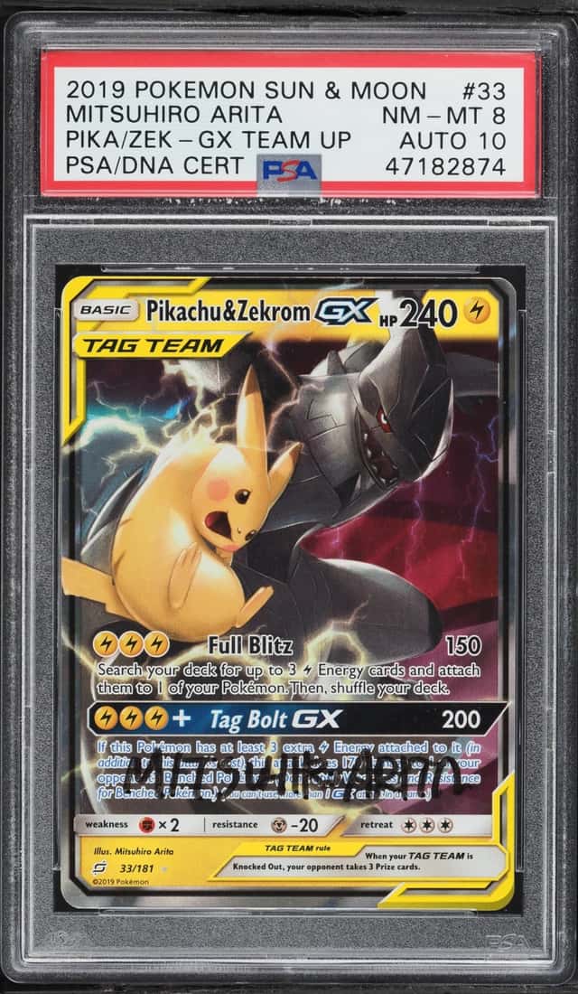 2019 Pokemon SM Team Up Pikachu & Zekrom GX Mitsuhiro Arita AUTO DNA 10 #33 PSA 8 NM-MT