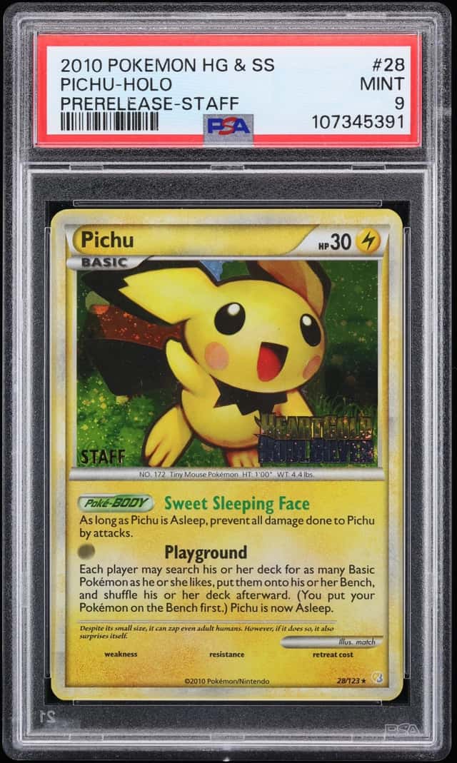 2010 Pokemon HeartGold & SoulSilver Prerelease Staff Holo Pichu #28 PSA 9 MINT