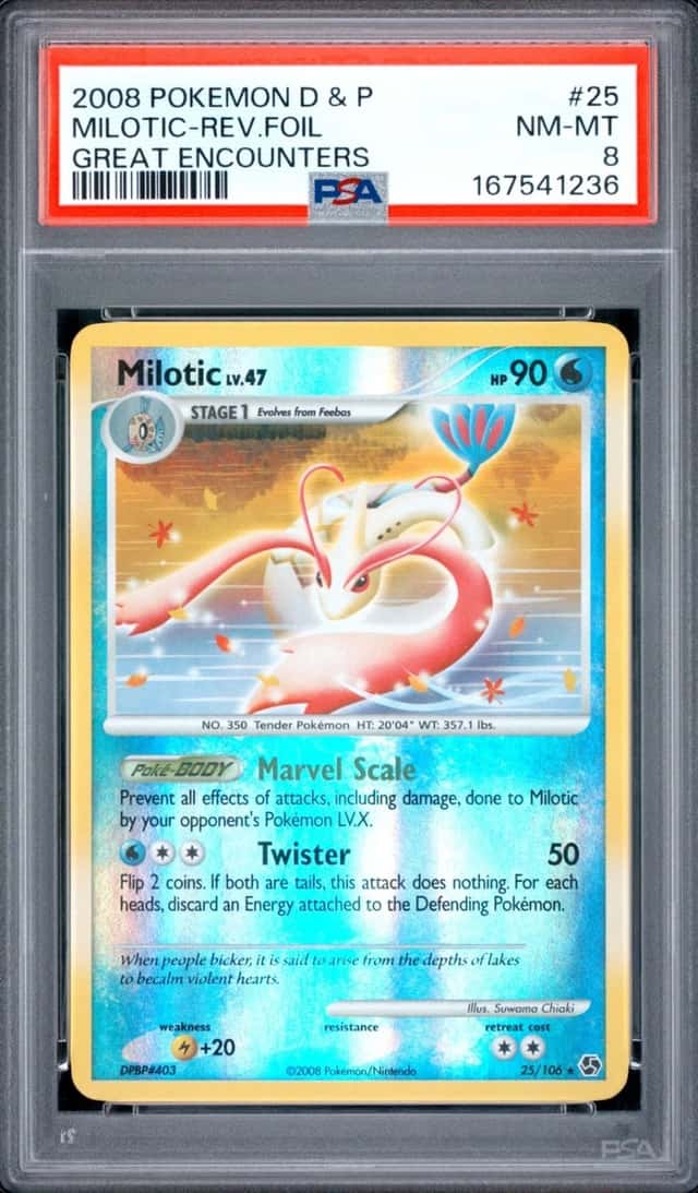 2008 POKEMON DIAMOND & PEARL GREAT ENCOUNTERS #25 MILOTIC-REVERSE FOIL PSA 8