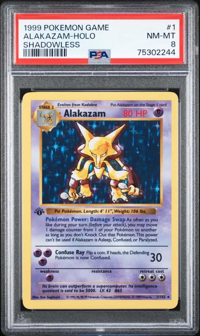 1999 POKEMON BASE SET ALAKAZAM-HOLO #1 SHADOWLESS PSA 8