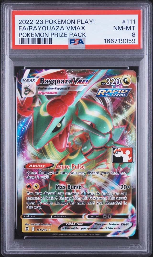 2022-2023 POKEMON PLAY! POKEMON PRIZE PACK #111 FULL ART/RAYQUAZA VMAX PSA 8