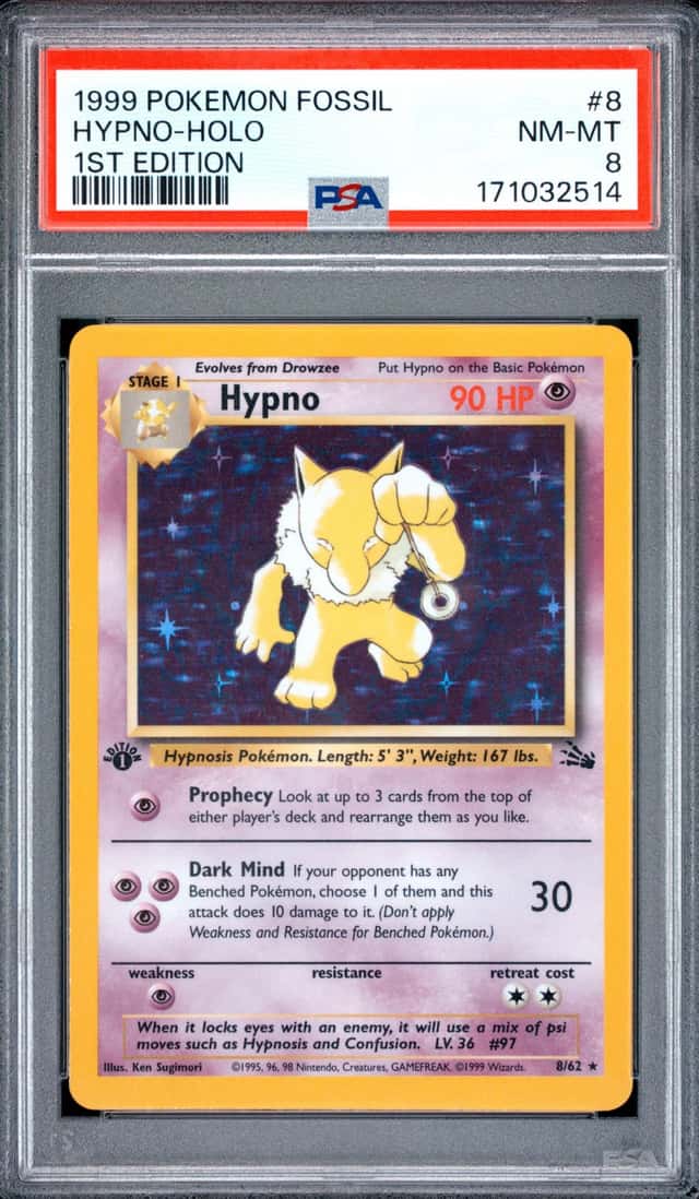 1999 POKEMON FOSSIL 1ST EDITION #8 HYPNO-HOLO PSA 8