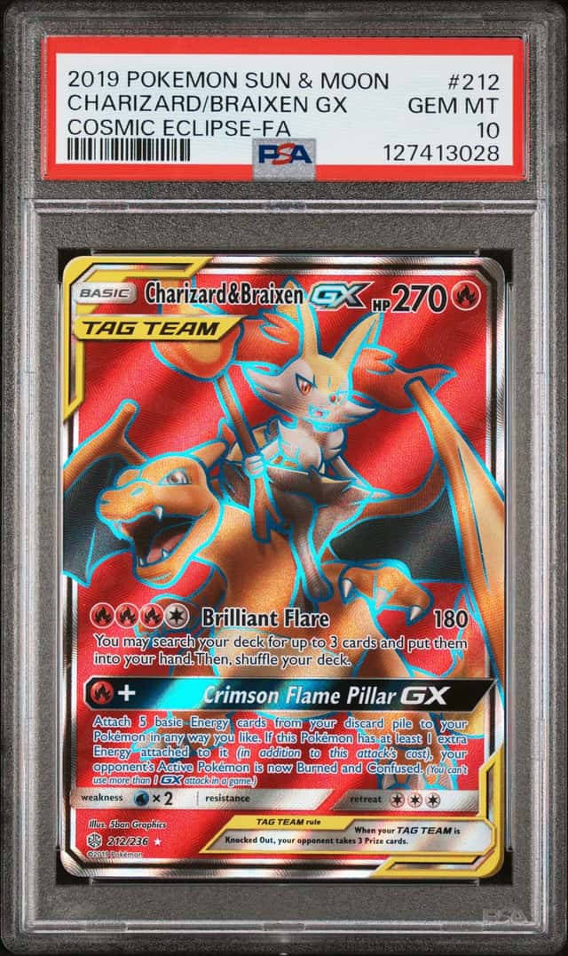 2019 Pokemon Sun & Moon Cosmic Eclipse Charizard Braixen Tag Team 212/236 PSA 10