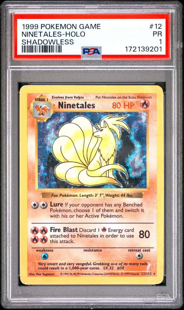 1999 POKEMON BASE SET SHADOWLESS #12 NINETALES-HOLO PSA 1