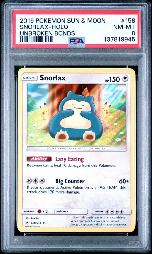 2019 POKEMON SUN & MOON UNBROKEN BONDS #158 SNORLAX-HOLO PSA 8