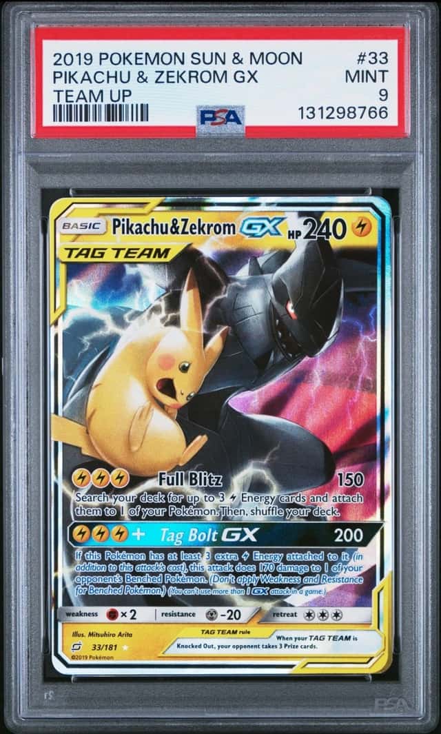 2019 POKEMON SUN & MOON TEAM UP #33 PIKACHU & ZEKROM GX PSA 9